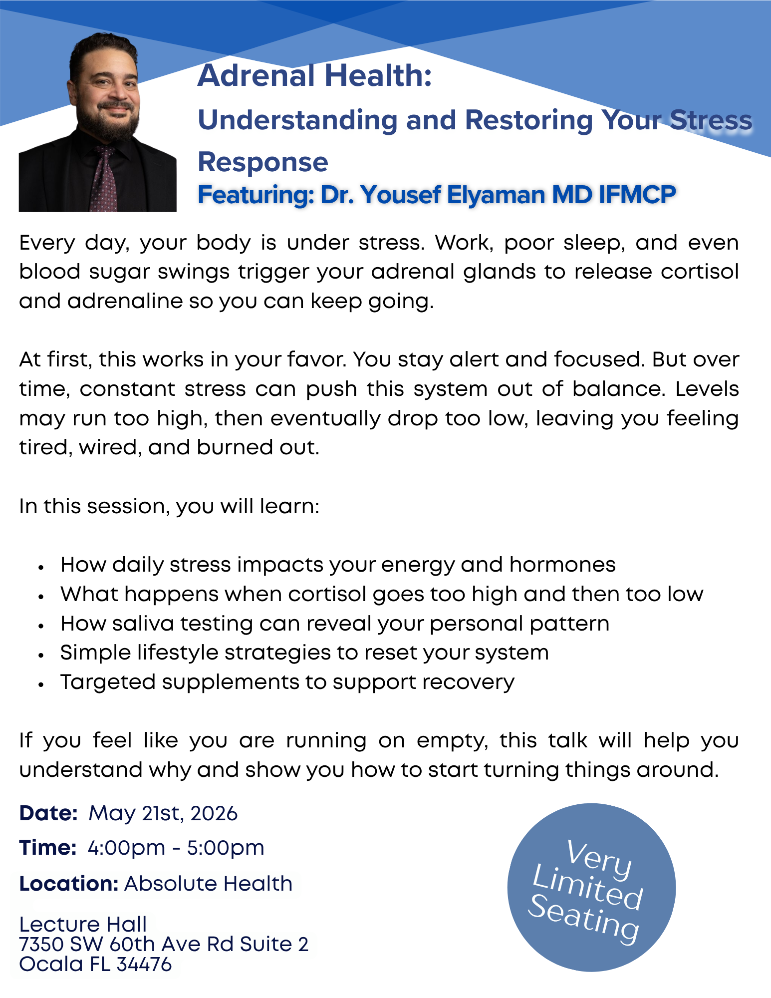 Promotional Flyer for Adrenal Health Talk with Dr Yousef Elyaman Header in Blue Shapes Speaker Photo on Left and Event Details Including Date Time and Location
